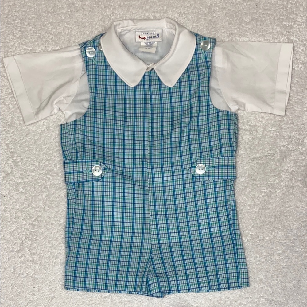 Vintage imp originals Blue and Green Plaid Baby Jon Jon Romper 12m